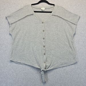 Ava James Grey Waffle Knit Button Front Tie Hem Top –